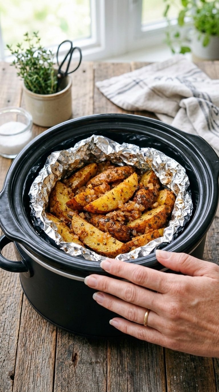 Woman hand add black crockpot 202604300354
