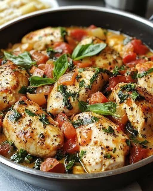 Low-Carb High-Protein Garlic Basil Chicken Skillet with spinach and tomatoes in a cast iron pan.